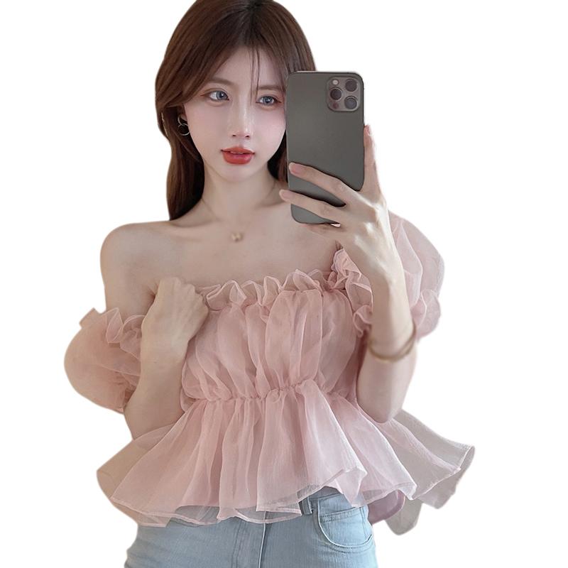 Women Short Puff Sleeve T-shirt Chiffon Short Puff Sleeves Breathable Apricot Sweet Square Neck Top