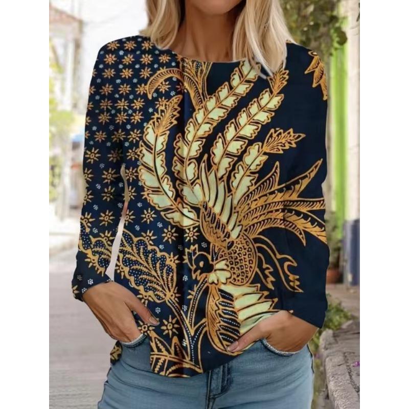 3D Print Women's Hawaiian Style Retro Fashion Tops Long Sleeve Round Neck Pullover Casual Long Sleeve T-shirt Designer