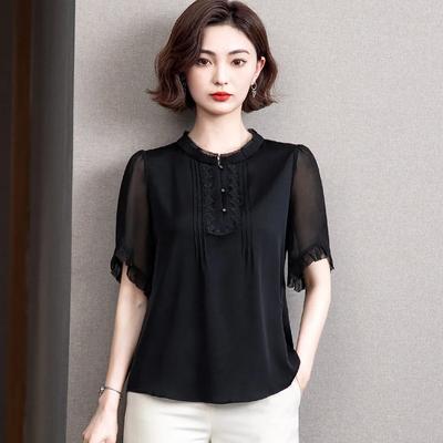 Sieviešu vasaras īsroku šifona topi, dāmu ikdienas melnas krāsas topi