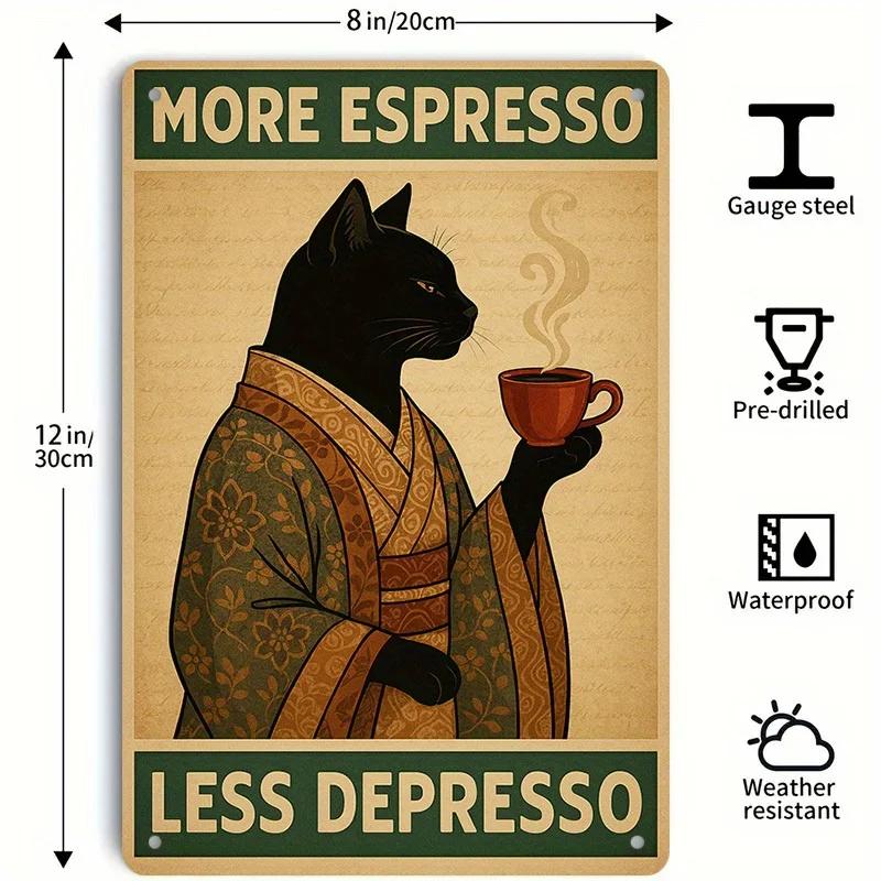 [1pc Sign] Coffee Tin Sign, More Espresso Less Depresso, Black Cat Design, Funny Cafe Sign, Coffee Shop Decor, Modern Wall Art