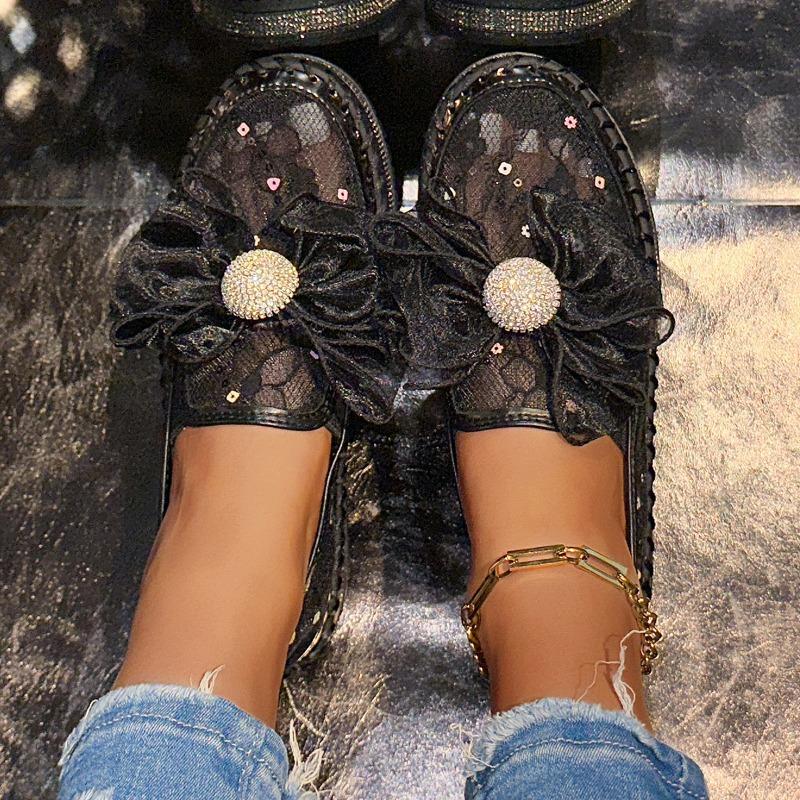 2025 New Lazy Platform Diamonds Butterfly Knot Women Flats Bling Woman Rhinestone Ladies Casual Mesh Chunk Sole Slip-on Shoes