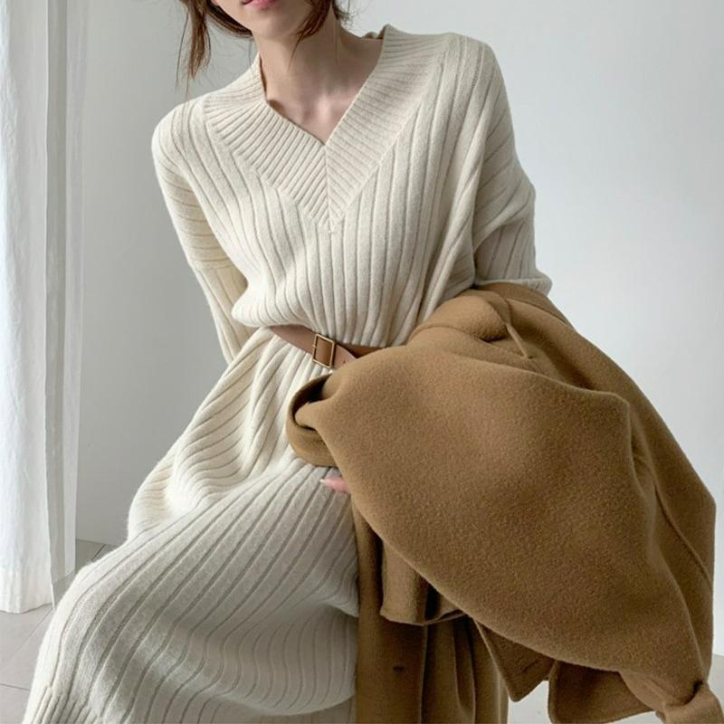 Autumn and Winter Retro Temperament Knitted Dress Women's Loose Lazy Style with Coat with Bottoming Sweater Long Skirt