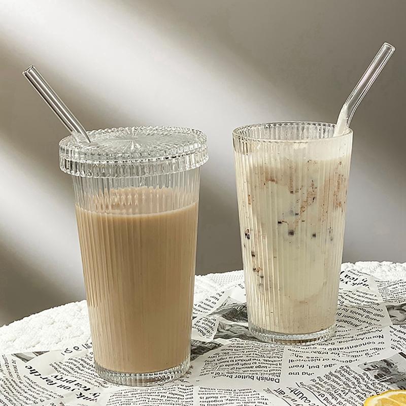 Vertical Stripe Glass Cup Transparent Glasses With Lid and Straw Ribbed Mugs For Latte Juice Glass Milk Water Cup Ice Coffee Mug