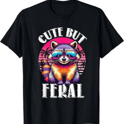 Funny Raccoon Shirt Cute But Feral Retro Racoon Sunglasses T-Shirt