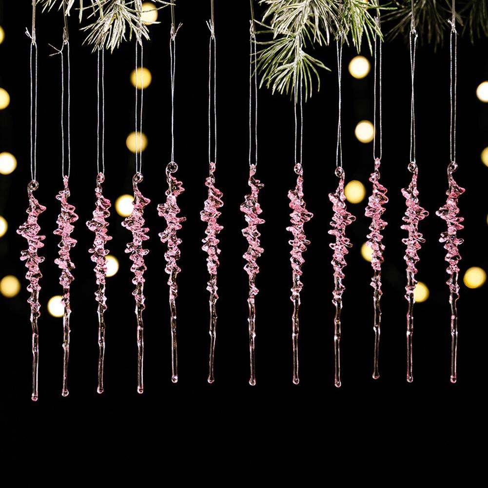 12pcs Acrylic Icicle Christmas Tree Hanging Ornaments Set For Festive Holiday Seasonal Decoration, Pink Blue Transparent