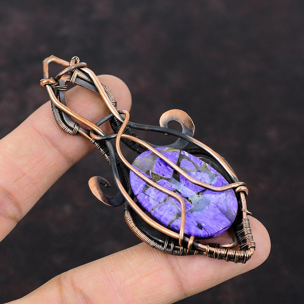 Copper Charoite Pendant Copper Wire Wrapped Gemstone Jewelry Handmade Boho Pendant Antique Copper Pendant Gift For Him Wire Wrapped Pendant