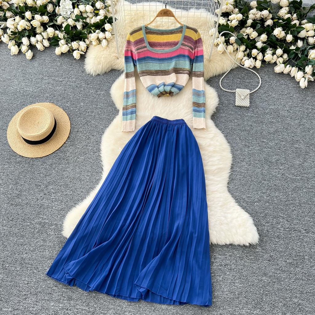 Spring Autumn Women Vintage Rainbow Striped Knitted Sweater Pullover Tops and Long Midi Pleated Skirt Two Piece Set