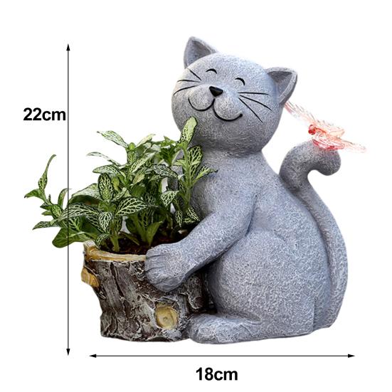 Solar Garden Flowerpot Cat Statue with LED Butterfly Waterproof Planter Pot Kitten