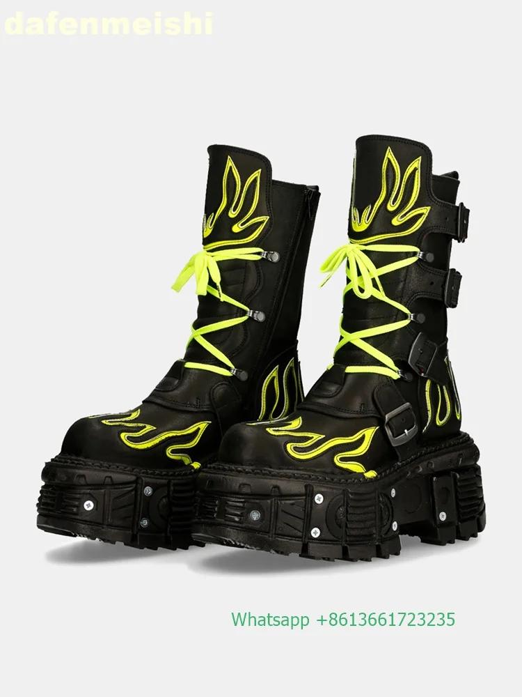 Retro Dark Style Punk Motorcycle Boots Flame Thick-Soled Boots Men/women Rock Boots Lace Up Belt Buckle Mid-Calf Boots