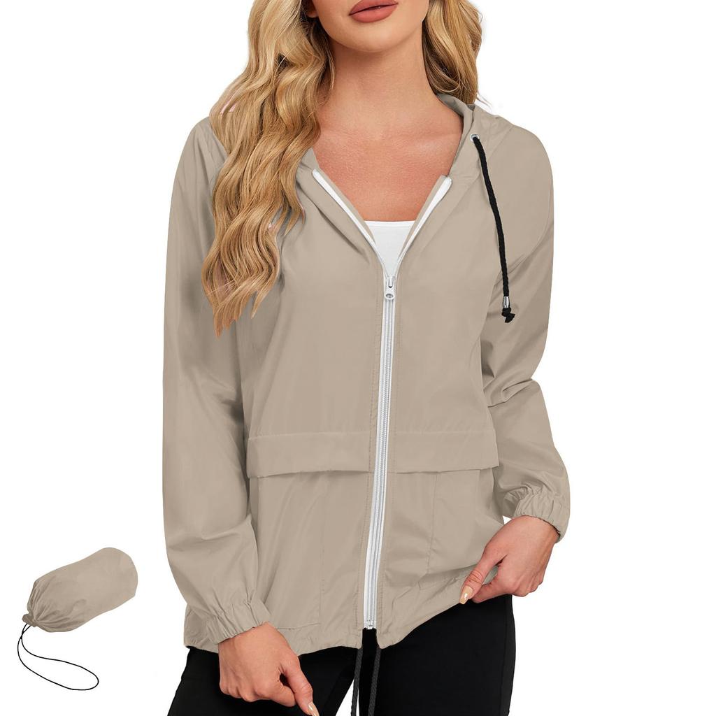 Womens Lightweight Waterproof Windproof Outdoor Jacket Full Zip Hooded Raincoat Casual Shell Coat with Adjustable Drawstrings