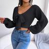 Elegant Bow Tie Detail Cropped Women Sweater V-Neck Long Sleeve Knit Tops Autumn Winter Casual Tops Female Sweet Fashion Clothing