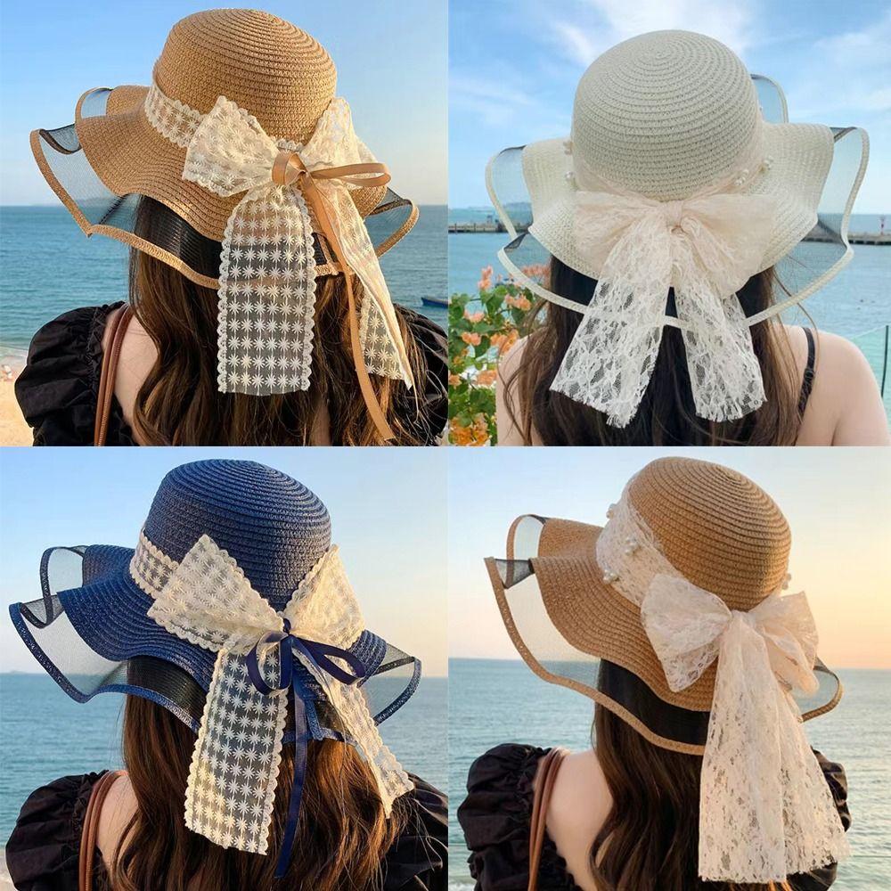 New Lace Bow Women Sun Hat Casual Uv Protect Fisherman Hat Beach Vacation Sunshade Cap Summer