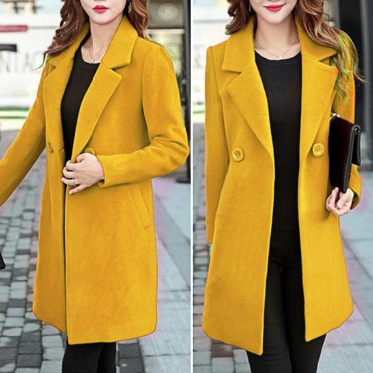 Dames Winterjas Koreaanse Stijl Herfst Grote Maten Warm Dubbele Knopen Dikke Kraag Lange Mouwen Effen Kleur Damesjas