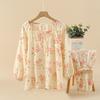 Pure cotton pajamas women's long-sleeved thin loose round neck pullover sweet crepe cotton spring and autumn loungewear suit outer wear