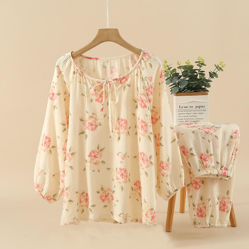 Pure cotton pajamas women's long-sleeved thin loose round neck pullover sweet crepe cotton spring and autumn loungewear suit outer wear