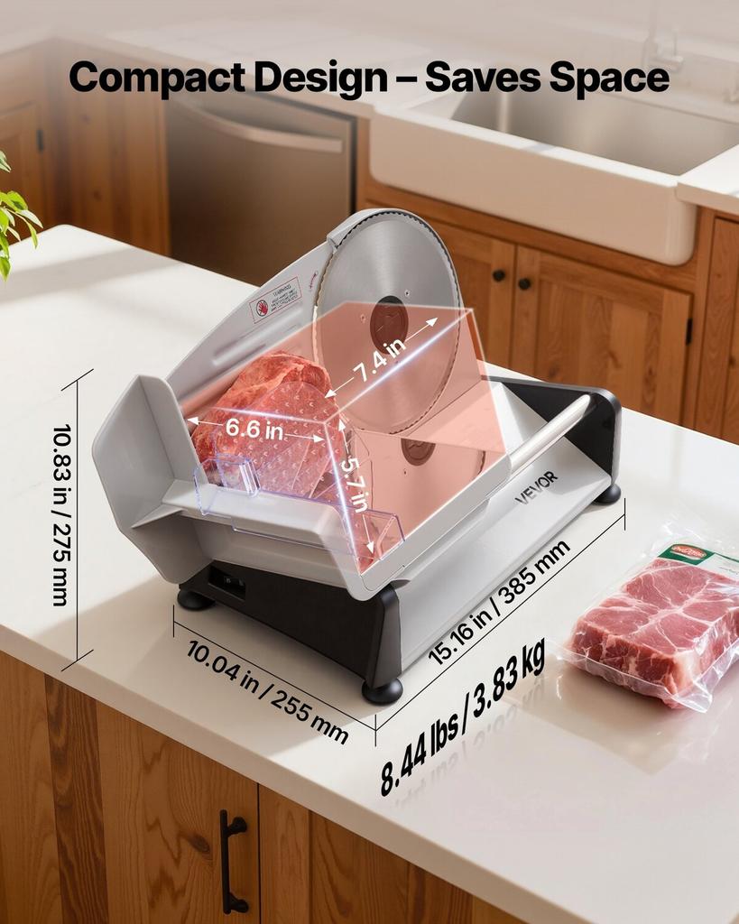 Meat Slicer, 200W Electric Deli Slicer Machine with 190 Mm Sharp Blade, Home Meat-Slicer with 70-100 RPM Slicing Speed, 0-15 Mm Adjustable Thickness,