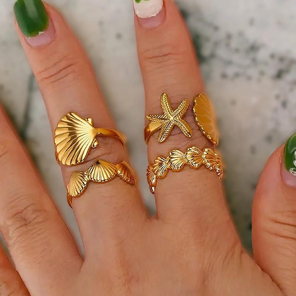 Vintage Shell Rings For Women Gold Color Stainless Steel Shell Ring Finger Wedding Statement Summer Ocean Jewelry Gift Bff