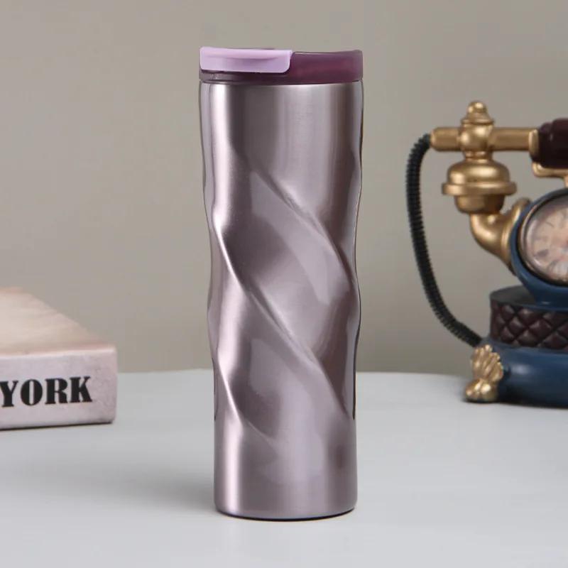 500ml Twisted Swirl 304 Stainless Steel Travel Tumbler, Double Wall Vacuum Insulated Coffee Mug with Flip Lid