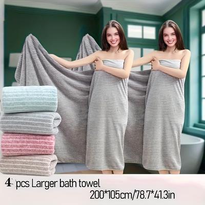 Large Soft Coral Fleece Bath Towel Absorbent Striped Home Shower Wrap, 105200cm, Wholesale