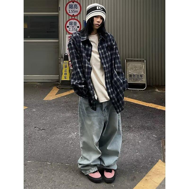 American Plaid Shirt for Women Spring and Autumn New Plus Size Design Color Matching Long Sleeve High-Grade Couple Shirt Coat