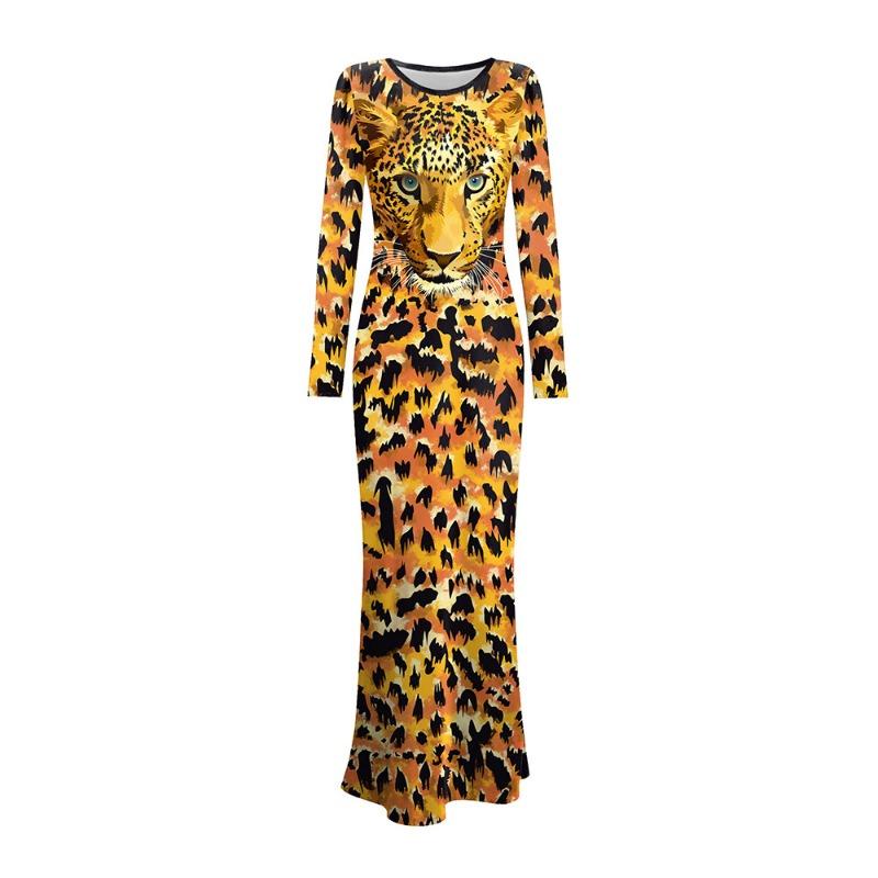 Spring and Autumn Tiger Head Long Sleeve Dress Digital Printing Crew Neck Long Dress Women