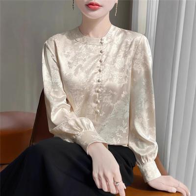 Blusa Jacquard de Cetim de Acetato para Mulheres Seda de Amora Estilo Chinês Primavera-Verão Top de Gola Redonda