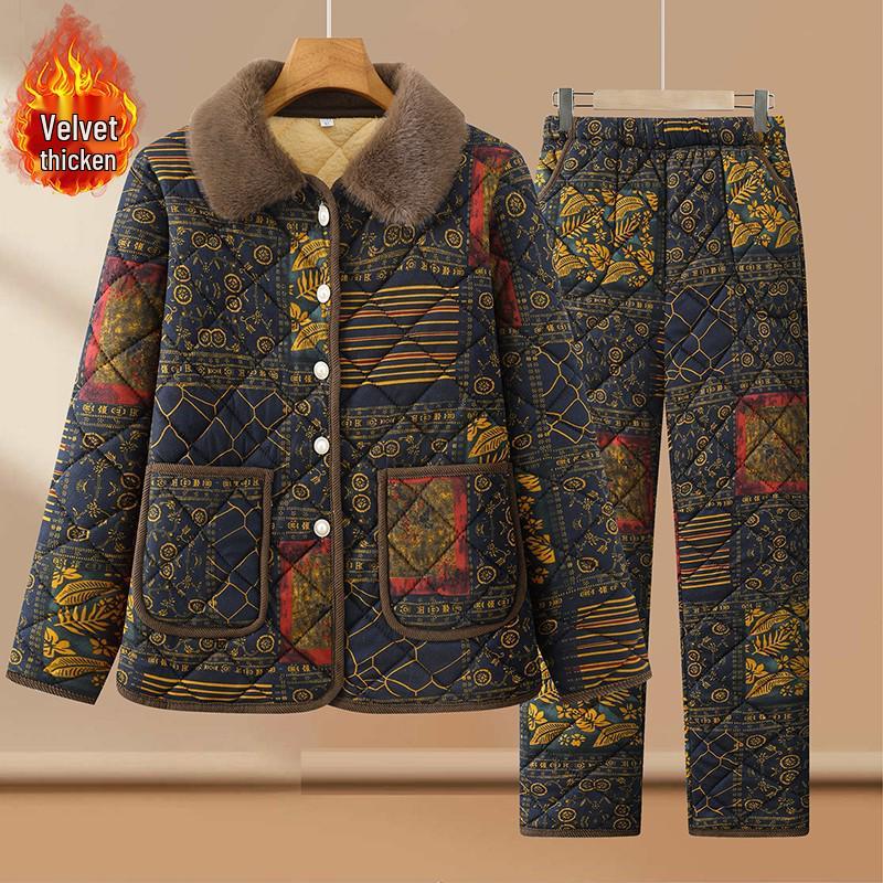 

Women s Winter Wear: Cotton Padded Jacket and Pants Set, Fleece-Lined Pajamas for Middle-aged and Elderly 2XL (105-120 lbs) синий