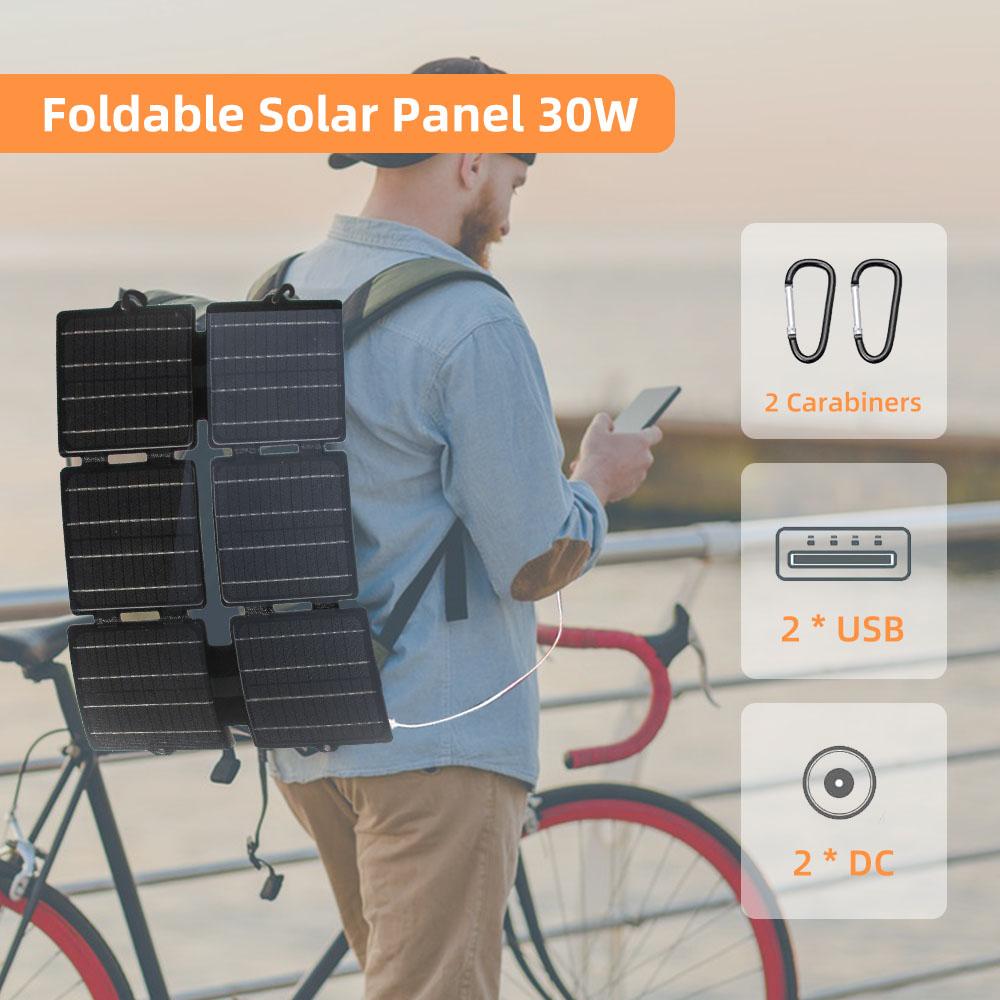 30W ETFE Faltbares Solarladegerät Wasserdichte Powerbank mit USB-Anschlüssen für Outdoor-Camping, Wandern, Notstromstation