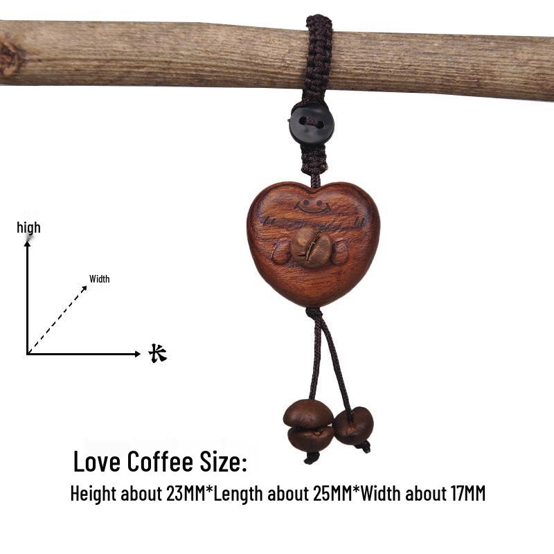Peach Wood Coffee Bean Teddy Bear Heart Handbag Charm Pendant Keychain