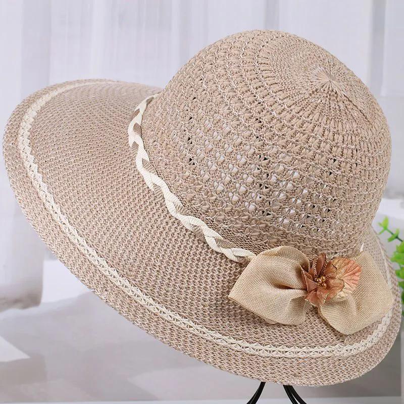 WTEMPO Female Solid Color Spring Summer Foldable Sunscreen Hats Wide Brim Travel Beach Breathable Sun Hats with Flower Bow