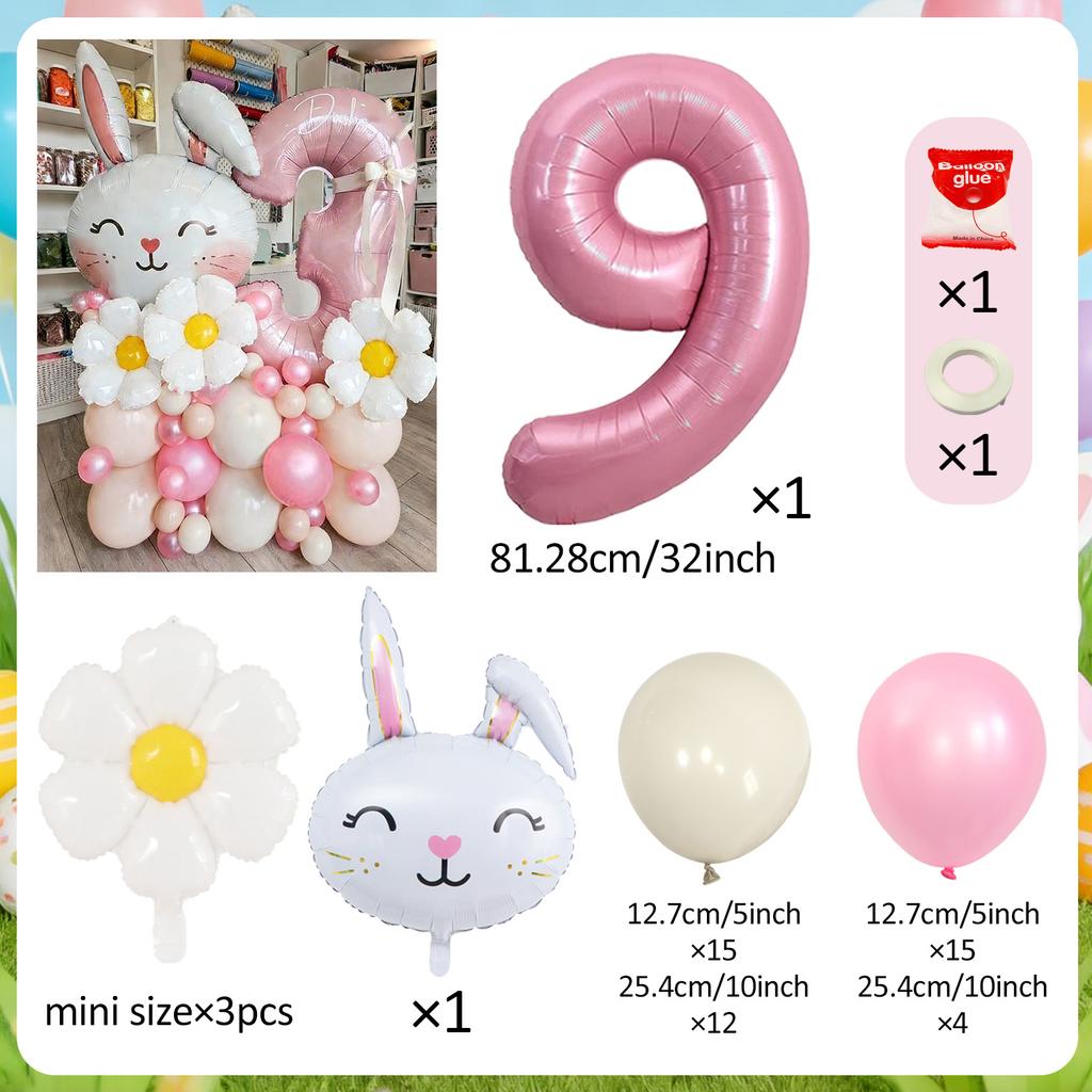 Easter Cute Bunny Balloon 32inch Pink 1-9 Number Foil Balloons Set Girls Birthday Baby Shower Decoration Rabbit Globos