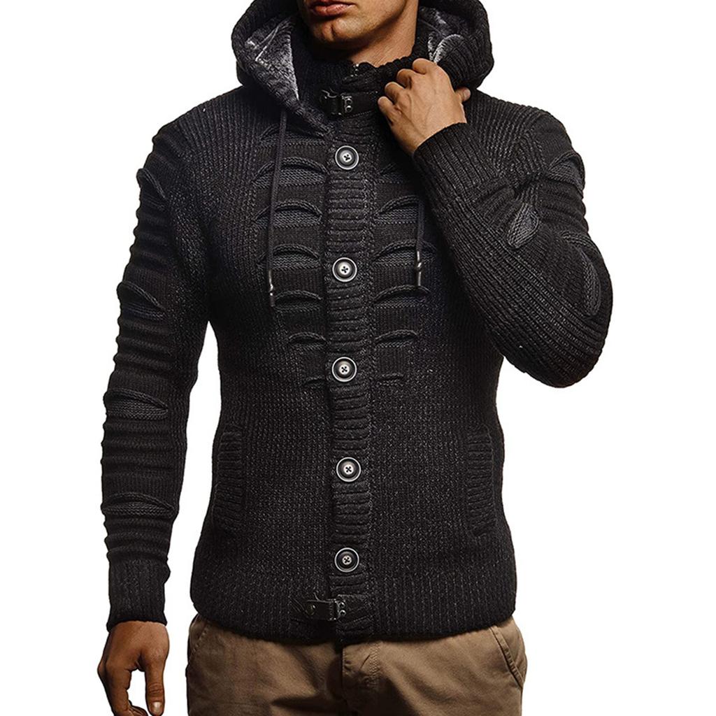 Men's Solid Color Button Sweater Men's Hooded Knitted Fleece-lined Cardigan Jacket