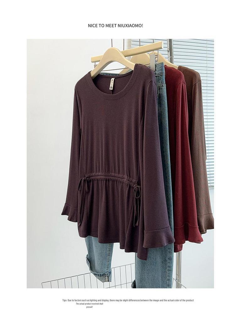 Plus Size Autumn Round Neck Ribbed Pullover Base Layer for Women - Slimming & Versatile