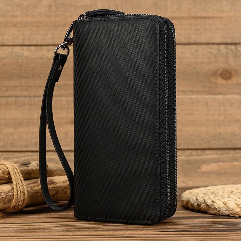 

Длинный кошелек из углеродного волокна Черная кожаная сумка-портмоне с двойной молнией Двухслойная сумка из коровьей кожи с множеством отделений для карт и телефона