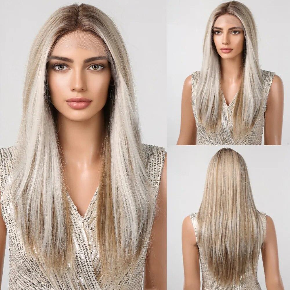ALAN EATON Hellbraune gerade Lace-Front-Perücken, Mittelscheitel, Ombre-Blonde Spitze, synthetische Perücke, natürlicher Haaransatz, hitzebeständig