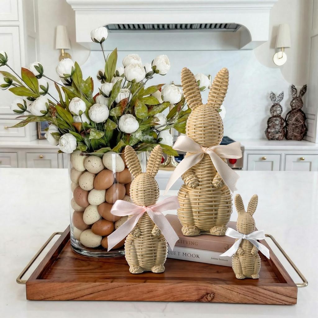 3-piece Easter Bunny Ornament Decoration With Rattan Effect Resin Easter Bunny Garden Statue With Bow