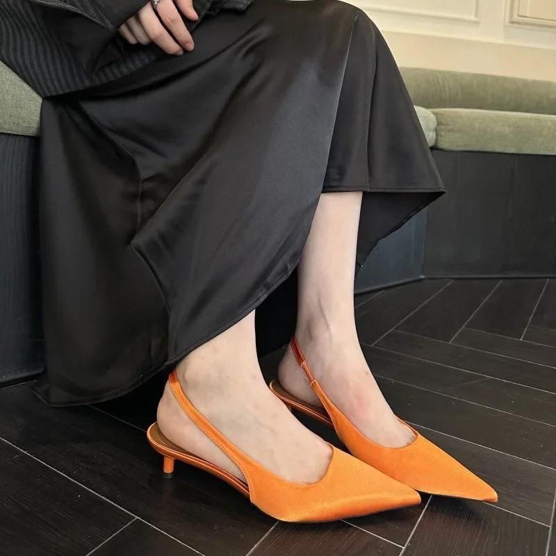 Fashion Elegant Low Heel Satin Women Pumps Sexy Pointed Toe Slingbacks Thin High Heels Comfort Mules Sandals Dress Shoes Heeled Sandals