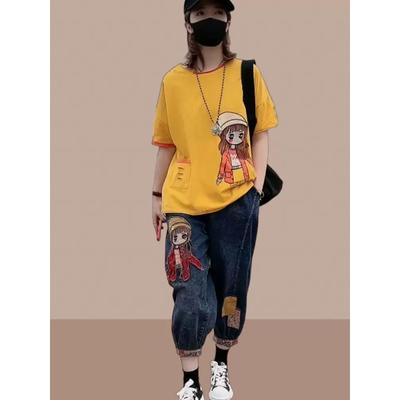 Women's Summer Loose Sportswear Hooded Short Sleeve + Jeans Two Piece Set