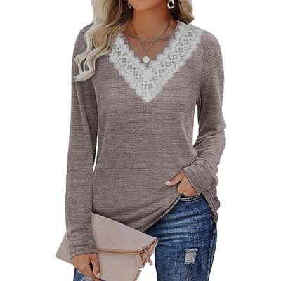Autumn Winter Solid Color Lace Patchwork V Neck Long Sleeve Loose T-shirt Women Plus Size Tops