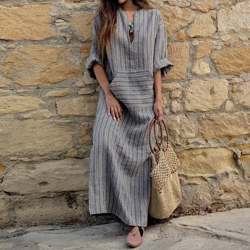 Art Vintage Cotton Linen Striped Long Dress With Loose Fit For Women