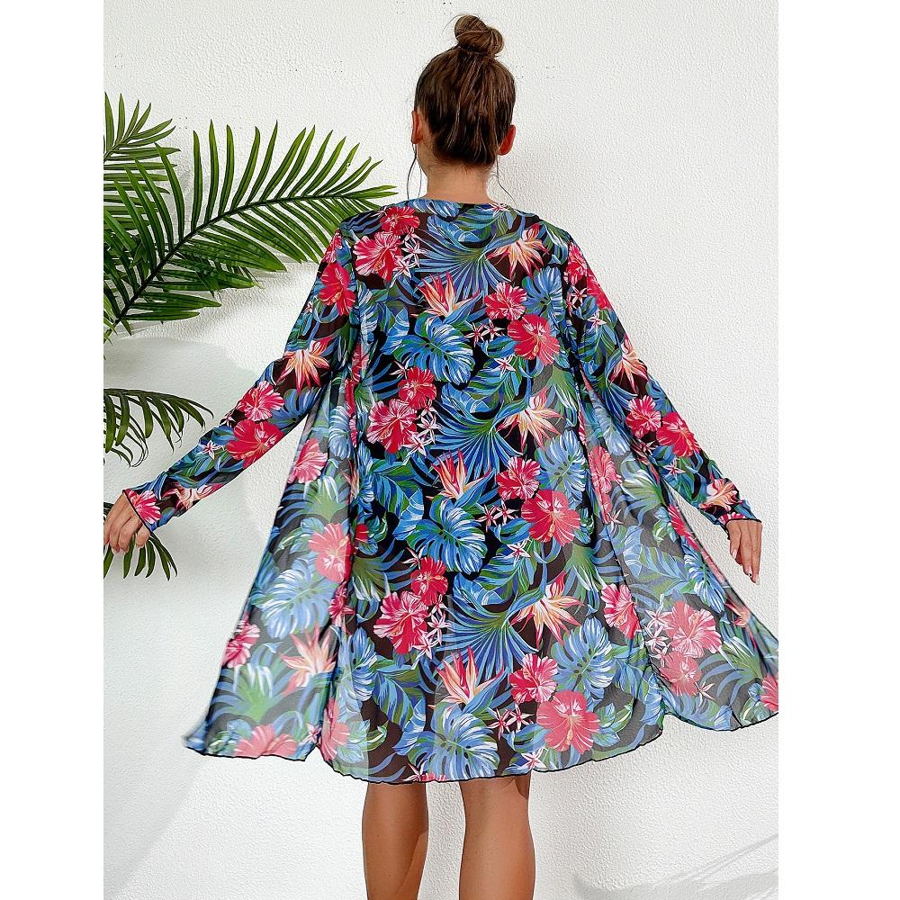 Kvinner tredelt bikinisett Høy midje shorts badedrakter Langermet utskrift Cover Ups Beach Biquinis feminino