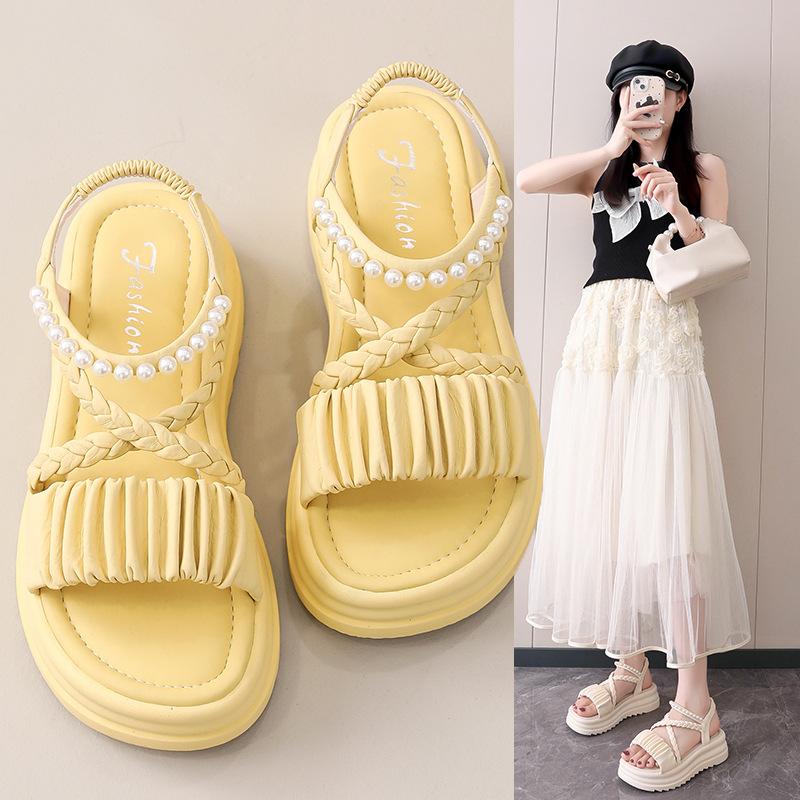 Large size sandals for women's new summer platform with fairy style pearls with skirts, beach shoes for women