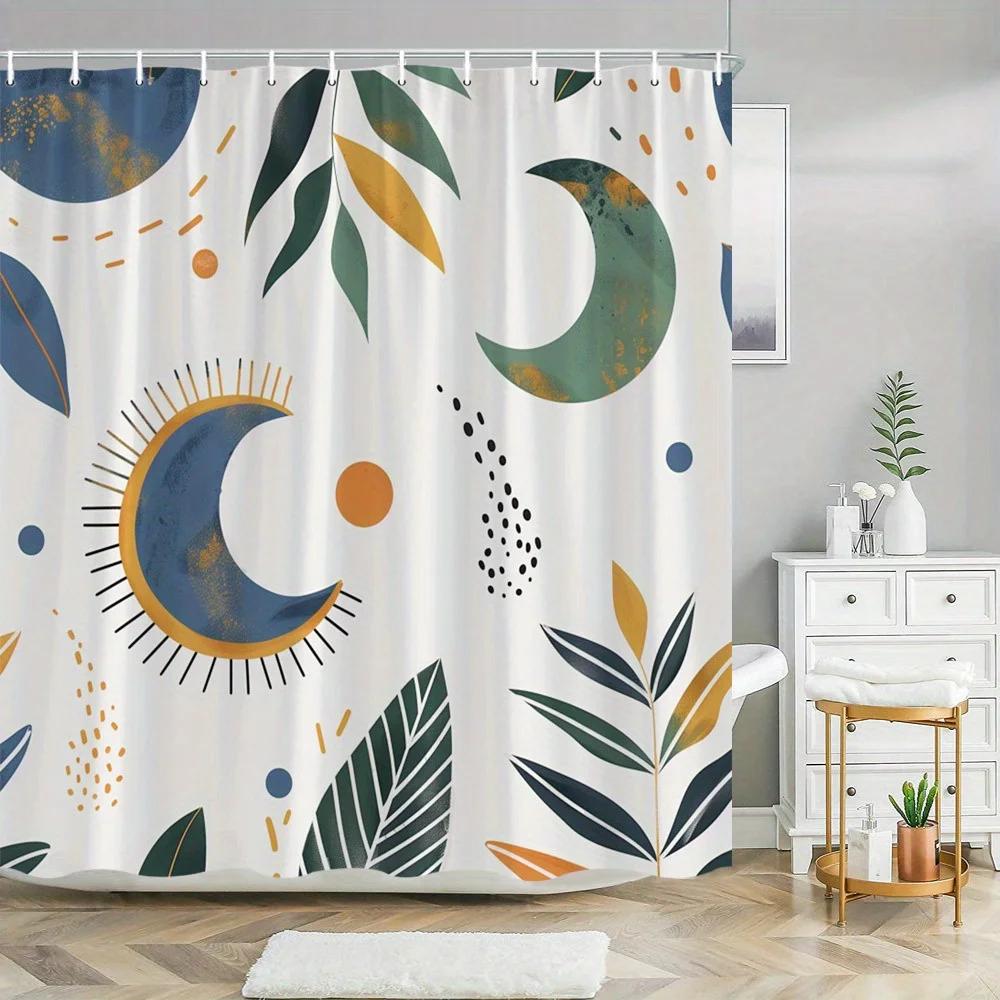 

Celestial Shower Curtain - Crescent Moon & Sunburst Pattern, Stylized Leaves, Green, Blue, Orange, Modern Geometric Design W90xH180cm