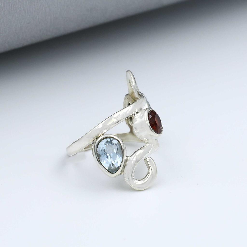 Solid 925 Sterling Silver Garnet Blue Topaz Handmade Ring, Statement Ring, Anniversary Gift, Silver Jewelry, Partywear Ring