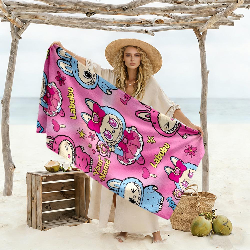 Labubu Customizable Name Beach Towel Quick-Dry Soft Microfiber Ideal for Travel Outdoor Swim Pool Yoga Surf Camping Hiking Gym Gift Holiday