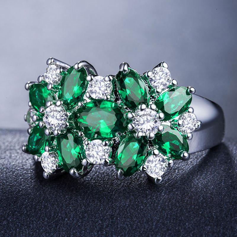 

925 Sterling Silver White Zircon & Green Crystal Flower Ring for Women Vintage Engagement Promise Band Wedding Jewelry Gift 6