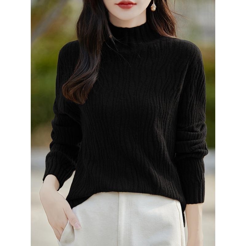 

Осенняя новая женская одежда с длинными рукавами и круглым вырезом, тонкий плиссированный внутри вязаный свитер-топ, поставка XXL чёрный