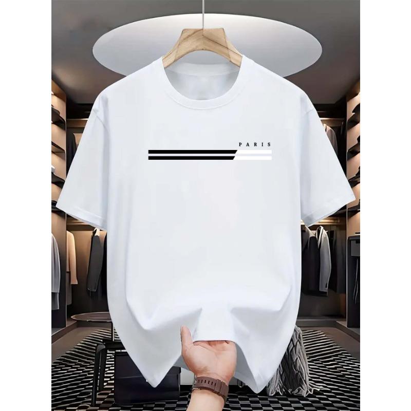 Men's Summer Loose Size PARIS Letter Graphic Printed Slim Fit Casual Sports Round Neck Short Sleeved T-shirt Top