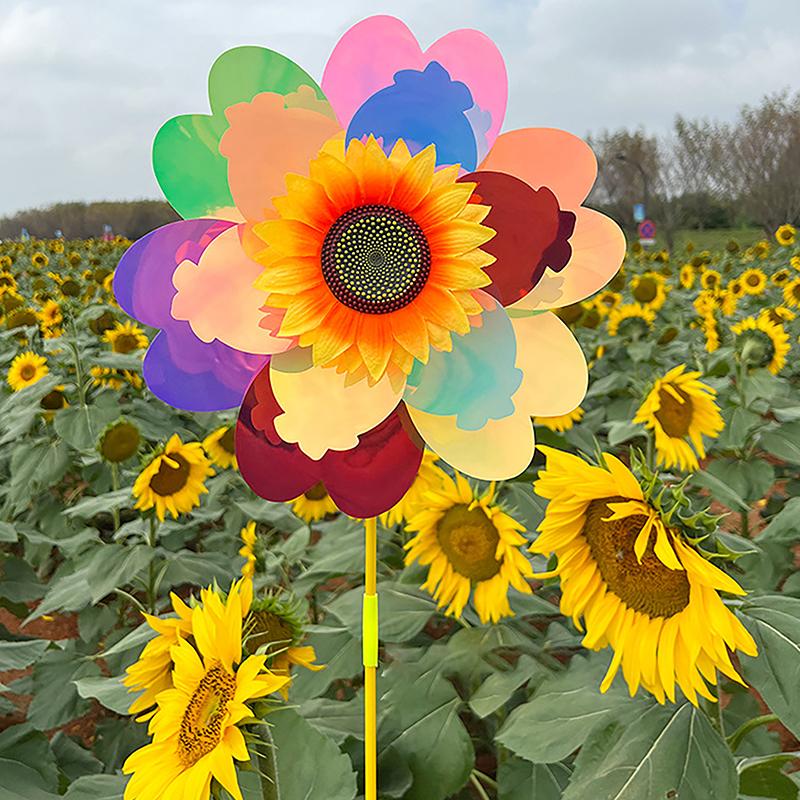 1 Set Outdoor Garden Decor Double Layered Sunflower Windmill Rotating Sunflower Wind Spinner Stake Standing Lawn Flower Pinwheel