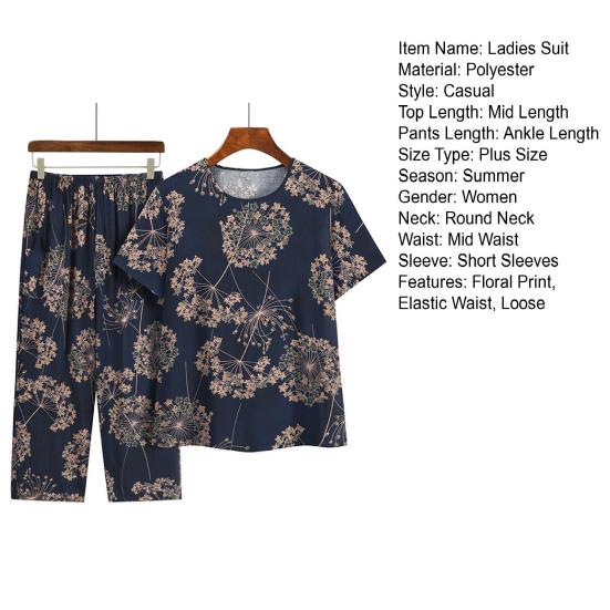 2Pcs/Set Women Pajamas Set Floral Print Short Sleeve Elastic Waist Wide Leg Pleated Trousers T-shirt Pants Set Mid-aged Grandmother Homewear Set